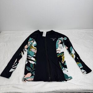 Roxy Printed Beach Classics Zip-Up Long Sleeve Rashguard Black Size Large NWT